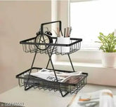 Black metal 2-tier vegetable storage for home, India-made, ideal for fresh fruits and kitchen organization